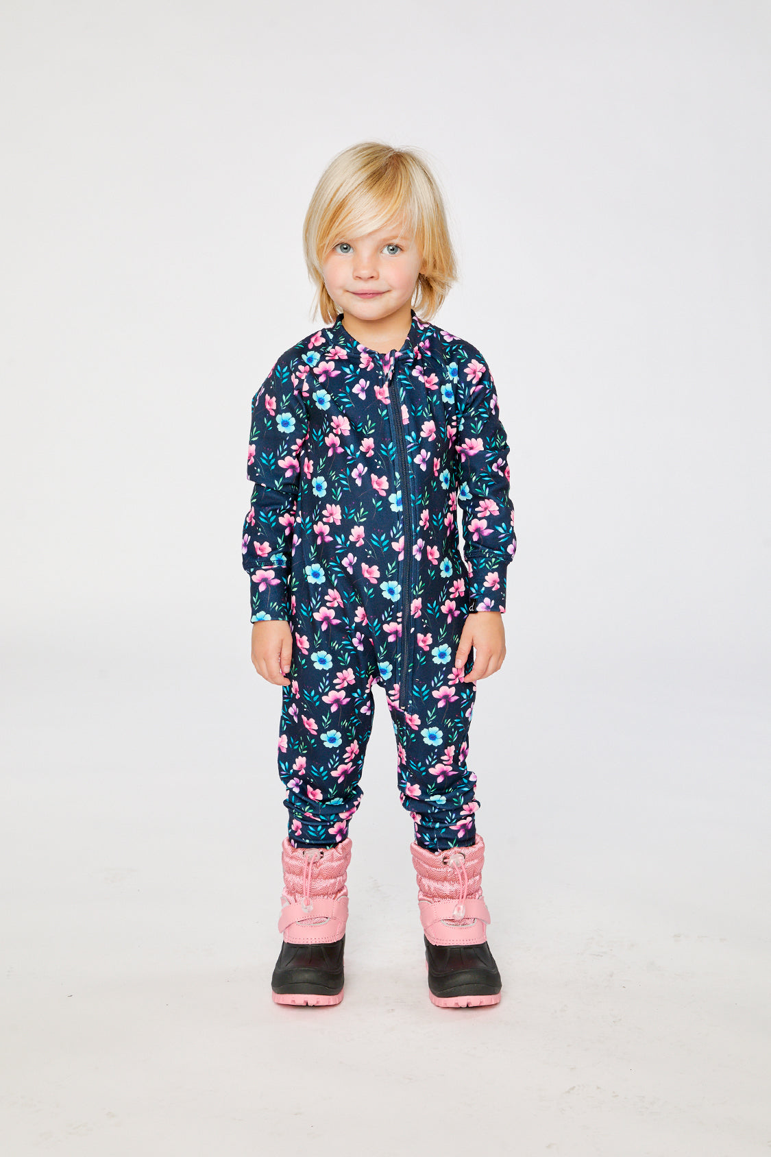 One Piece Thermal Underwear Blue Floral Print