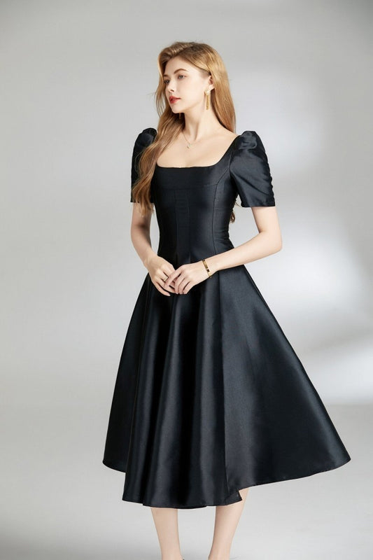 French Square Neck Flared Evening Dress