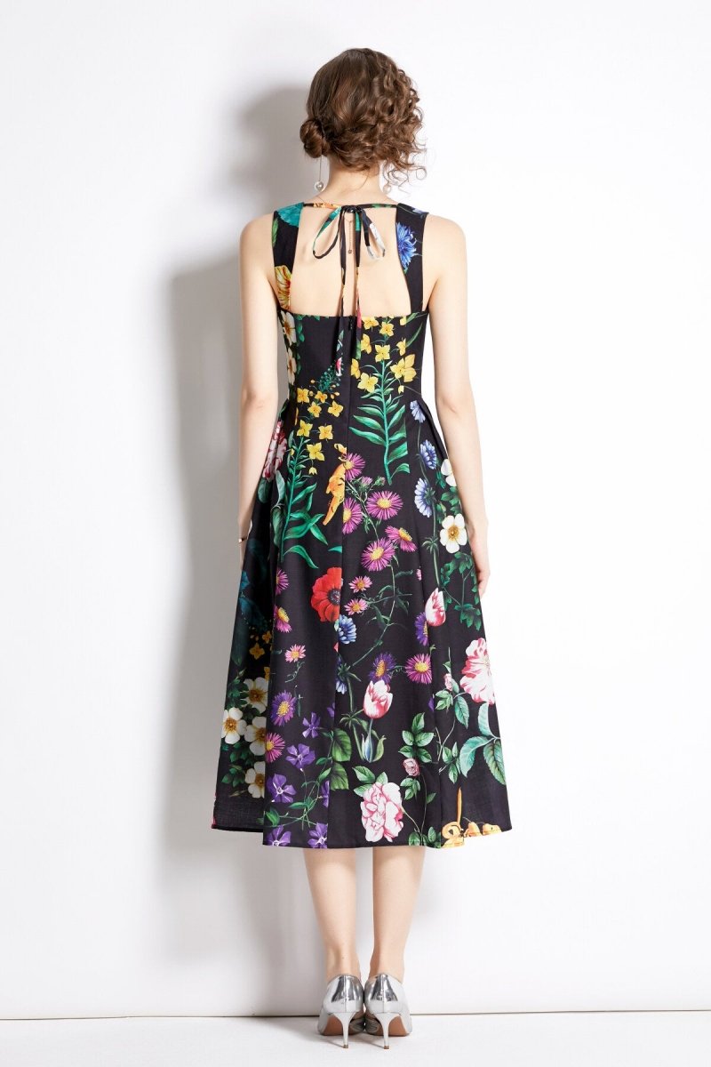 French Vintage Floral Black High Waist Spaghetti Strap Dress
